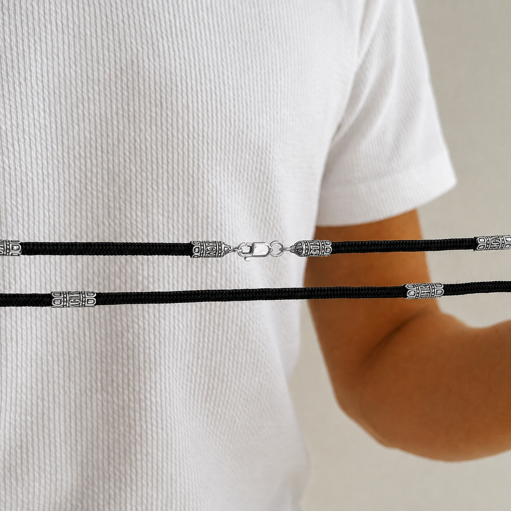 Silver black silk cord with 925 sterling silver inserts sh-18-SO